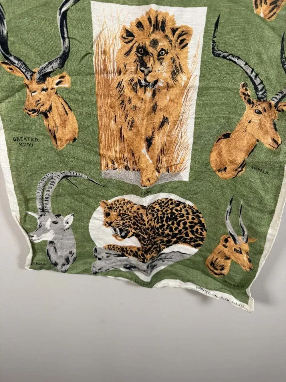 Vintage Irish Linen Tea Towel African Safari Wildlife Lion Leopard Buffalo